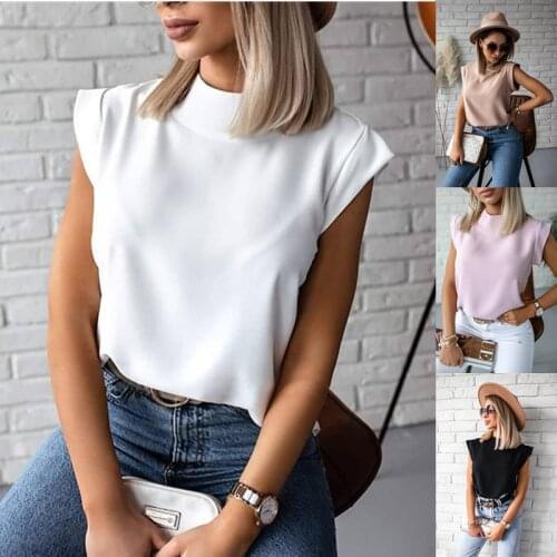 Womens 2021 New T-Shirt Casual Solid Korean Elegant Blouse Slim Stand Collar Short Sleeve Woman Tops Blusa Mujer Fashion Female