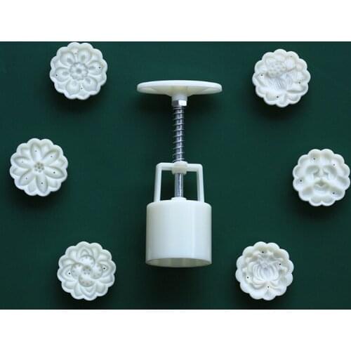 Plastic Mooncake Mold 50g Cookie Cutter with 6 Flower Stamps Hand Press Chocolate Moon Cake Mould DIY Bakeware