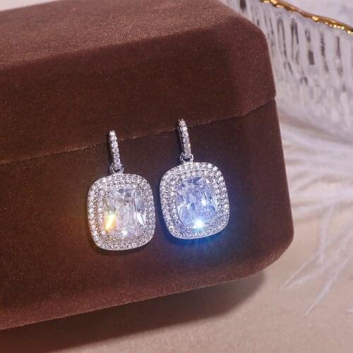 Luxury Shiny White Square Shape Cubic Zirconia Drop Earrings for Women Bridal Engagement Wedding Crystal Earrings Jewelry Gifts