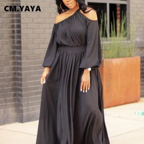 CM.YAYA Women Long Dress Solid One Shoulder Diagonal Collar Full Puff Sleeve Dresses Office Lady High Streetwear Fashion Outfit