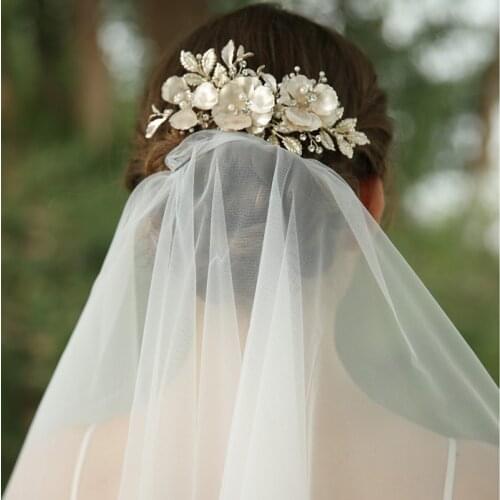 Light Gold Color Floral Hair Comb Wedding Accessories Pearls Bridal Hair Jewelry Piece Hand wired Women Headpiece