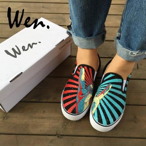 Wen Original Hand Painted Design Shoes Hand Gesture Rock And Roll Red Blue Stripes Slip On Canvas Men Pumps Women Sneakers