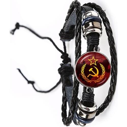 Vintage USSR Soviet Badges Sickle Hammer Black/Brown Leather Bracelet CCCP Russia Emblem Communism Sign Top Grade Bangle Jewelry