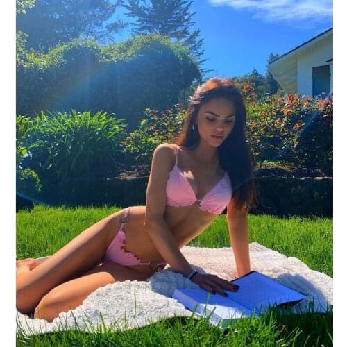 Women Sexy Two Piece Bikini Sets Ruffle Halter Bra + Thong Bottom Swimsuits Swimwear