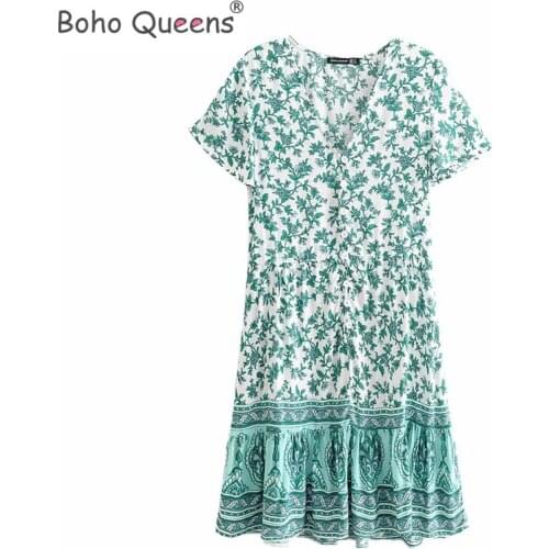 Boho Queens women green floral print deep V-neck Vacation Bohemian mini dress Ladies short sleeve botton Boho dresses vestidos
