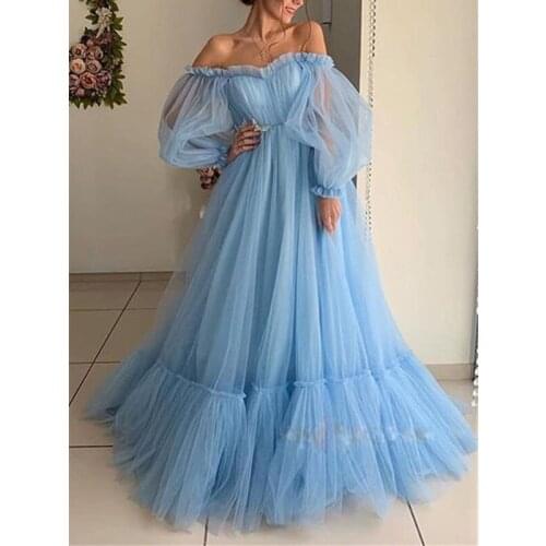 Pink blue mesh sweet birthday dress robe evening femme Women sexy off shoulder strapless long sleeve floor-length dress frocks