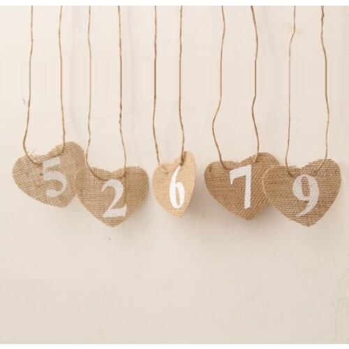 1set(1-10) burlap heart Table Number table cards home party decoration rustic wedding centerpieces vintage wedding decoration
