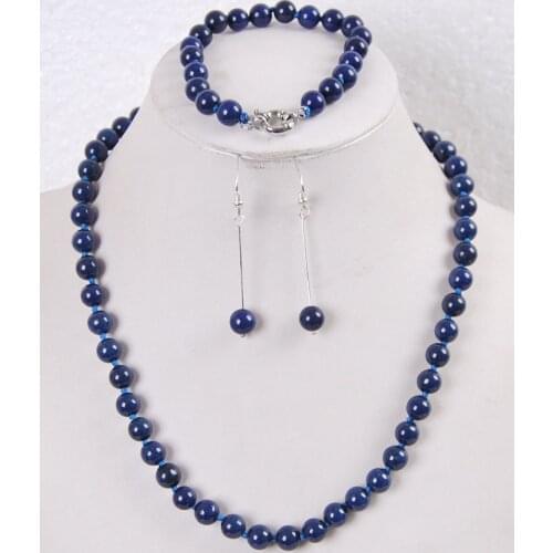 Free shipping of new fashion charming 8mm Egyptian Lapis Lazuli Round Beads stone chain necklace bracelet earrings set BV110
