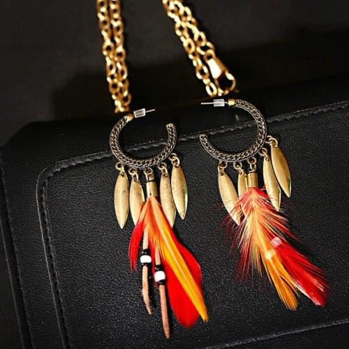 Bohemian Gypsy Red Feather Earrings For Women Leather Indian Jewelry Leaf Alloy Tassel Drop Dangle Earrings