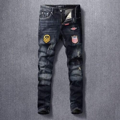 Streetwear Denim Punk Trousers Fashion Men Jeans Retro Black Blue Elastic Slim Ripped Jeans Men Patches Designer Hip Hop Pants