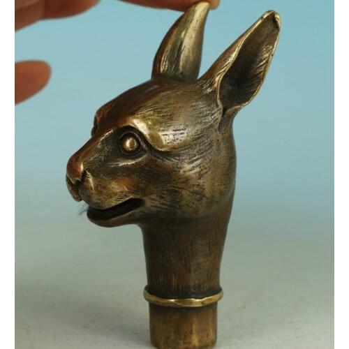 Copper Brass CHINESE crafts decoration Chinese Old BRAAS Handmade Carved Rabbit Collect Statue Walking Stick Head