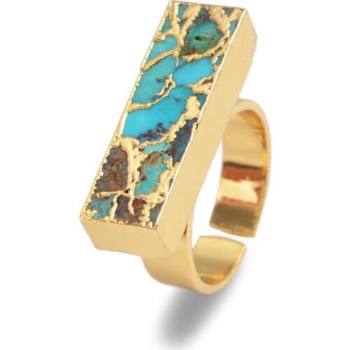 Fashion Rectangle Natural Turquoises Stone Adjustable Rings in Gold High Quality Blue Stone Cuff Rings for Women Men Rings