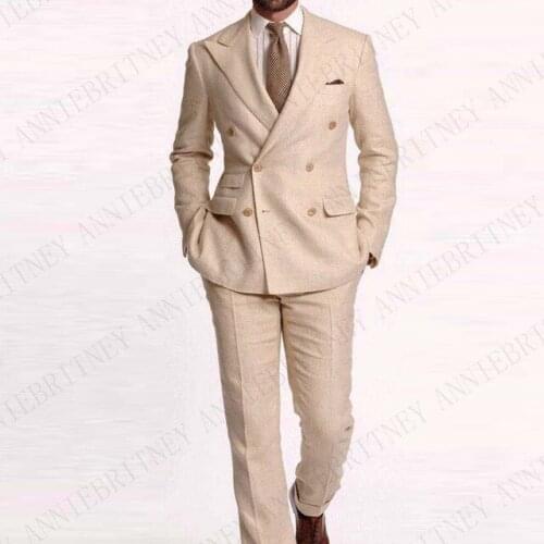 Suits Men Beige 2 Piece Linen Beach Groomsmen Wedding Tuxedos For Men Peak Lapel Formal Prom Suit Costume Homme (Jacket+Pants)