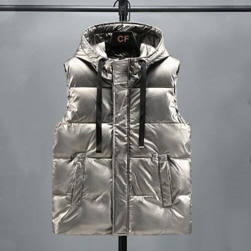 Men Winter Vests Hooded 2021 New Bright Color Cotton Vest Padded Sleeveless Jacket Men Winter Gold Gray Waistcoat Vest for Boy