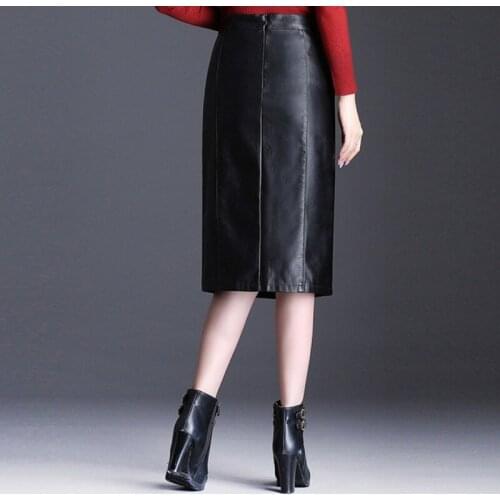 2020 New Autumn Winter Women PU Leather Skirts Black Office Lady Faux Leather Slim Straight Skirts Knee-Length Sexy Female Skirt