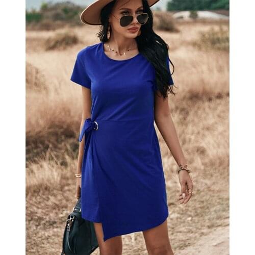 Newly Womens Crewneck Belted Dress Short Sleeve Slim Dress Waist Drawstring Design Solid Color