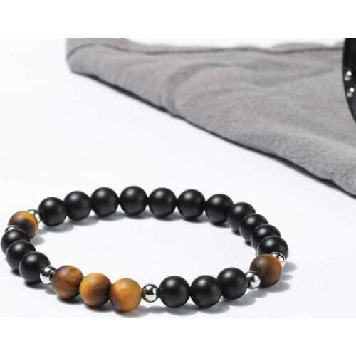 Wholesale tiger eye stone and black onyx Bracelets stainless steel beads bracelet men jewelry 50pcs/lot+free shipping