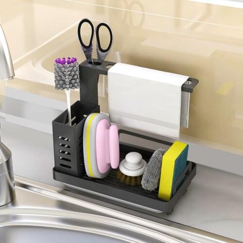 Kitchen Sink Caddy Organizer Stainless Steel Sponge Soap Brush Holder With Drain Pan Premium Kitchen Drying Rack Simple 2021 New