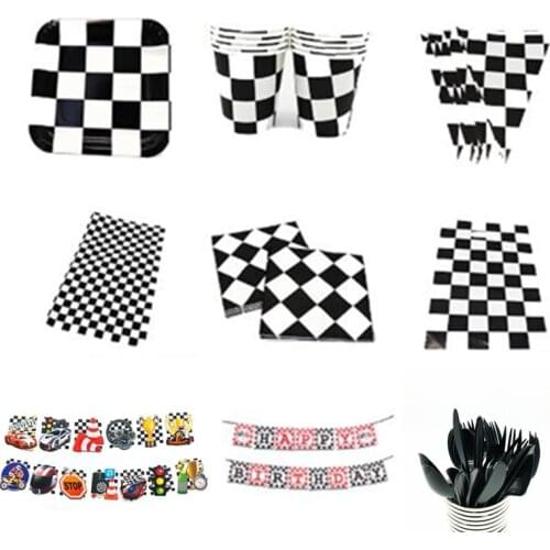 Black and white plaid theme party disposable tableware cars racing flag board cup game lattice party wedding decoration kids toy