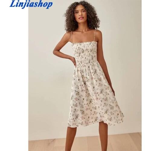 Summer Sexy Sling Dress Women Vintage Prairie Chic Floral Print Dress Female Sleeveless Midi Holiday Chiffon Vestido