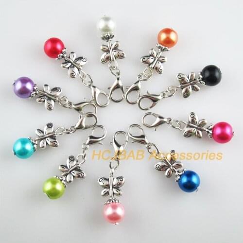 10 New Butterfly 11x22mm Charms Mixed Ball Glass Tibetan Silver Plated Retro With Lobster Claw Clasps