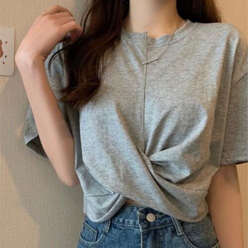 2021 Summer New Short-sleeved T-shirt Women Small Niche Design Cross Loose Korean Irregular Top