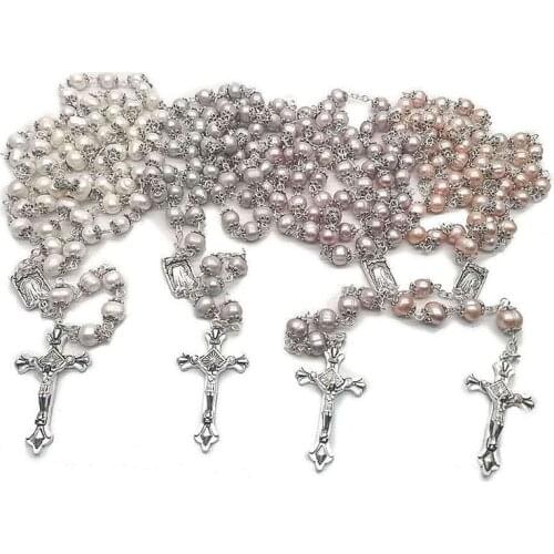 Religious natural freshwater pearl rosary high quality curved needle cross necklace Catholic and can be given as gift can prayer