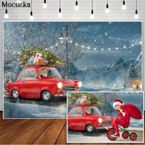 Christmas Winter Snow Backdrops for Santa Claus Retro Car Road Photography Gift Decorations Photo Props Studio Booth Background