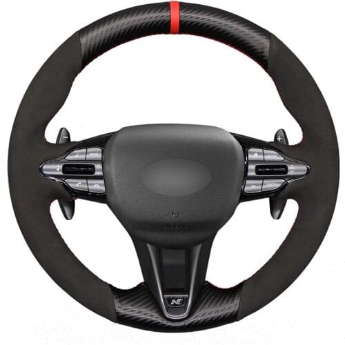 Hand-stitched Red Marker Black Suede PU Carbon Fiber Car Steering Wheel Cover for Hyundai i30 N 2018-2020 Veloster N 2019-2021