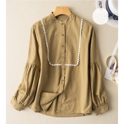 Lamtrip Unique Lace Patchwork Stand Collar Long Sleeve Retro Sweet Shirt Blouse 2021 Autumn