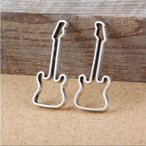 High Quality 20 Pieces/Lot 17mm*40mm Antique Silver Plated Hollow Out Guitar Charms Jewelry Making Charm