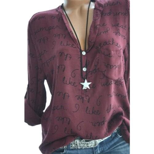Fashion Shirt Sexy Lady Letter Print Long Sleeve V Neck Casual Loose Shirt Blouse Top Red S-5XL Women Clothing 6 Colors рубашка