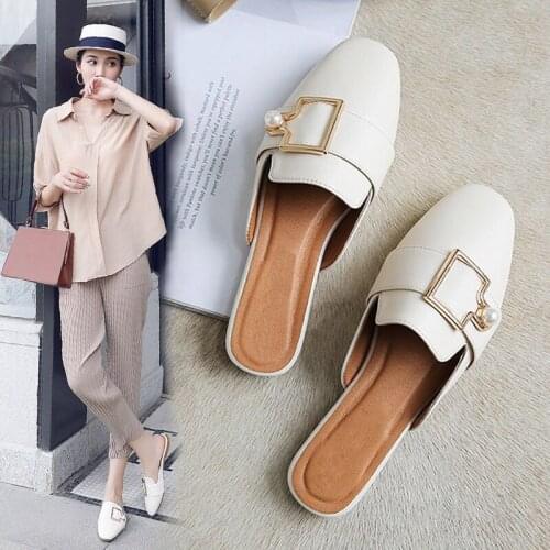 Bailehou Women Brand Slippers Flat Women Casual Shoes Slip On Slides Pearl Buckle Mules Square Toe Low Heel Shoes Wedges Sandals