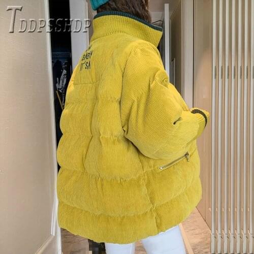 2019 Corduroy Thick Women Parkas Beige And Yellow Color Female Overcoat