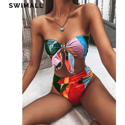 2021 New Bandeau High Waist Bikini Swimsuit Women Knot Swimwear Female Two-piece Bikini Set Bathing Suit Brazilian Beachwear