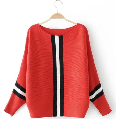2021 autumn new vertical stripe contrast loose pullover sweater women short bat sleeve sweater