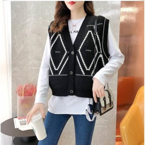 Women Korean Sweaters Vest Knitting Pullovers Waistcoat Vintage Cardigan Geometric Argyle Pull Femme Tops Clothing Fashion Mujer