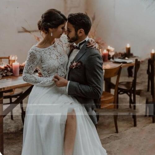 Wedding Dress Boho Bohemian Long Sleeve Two Pieces 2 Bridal Gown Bride Dress A-Line Open Back Wedding Gown Custom Made