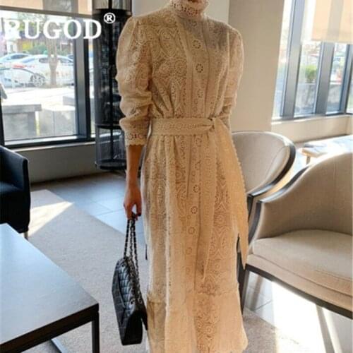 RUGOD Elegant lace hollow out women dress Korean chic lantern sleeve spring new lace up long dress vestido Fashion ruffle dress