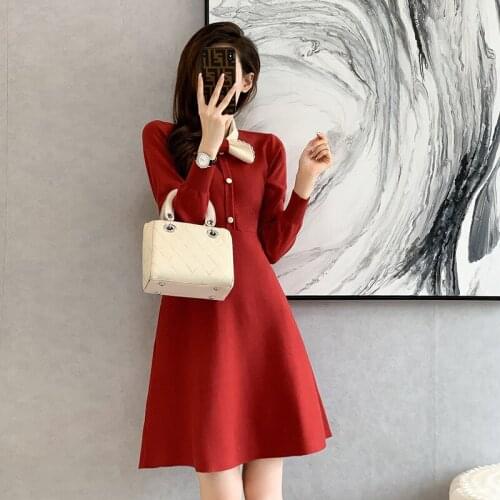 Women Sweater Dress Girls Casual Autumn Winter Dress Preppy Style Bow Collar A Line Long Sleeve Short Mini Knitted Dresses