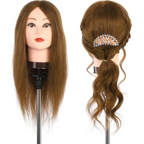 20 Inch 100% Real Hair Training Head Mannequin Head Doll Head for Hairdresser Hairdressing Mannequin with Clamp Holder