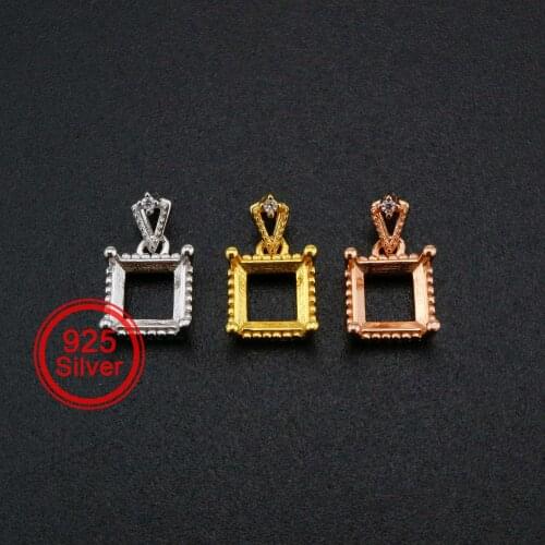 6MM Square Prong Pendant Bezel Solid 925 Sterling Silver Rose Gold Plated Charm Settings for Gemstone DIY Supplies 1431077