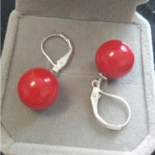 8/10/12/14mm Red Round south sea shell pearl Silver Hook dangle earrings AAA