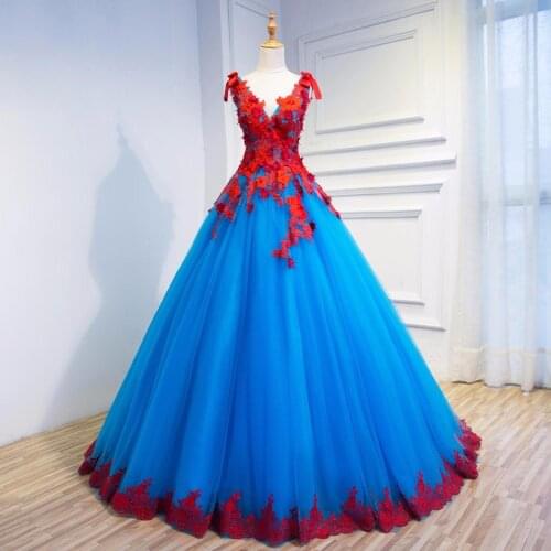 Red Blue Appliques Evening Formal Dresses Ball Gowns Two-toned Floor Length Ball Gown vestido de festa Bridal Evening Dresses