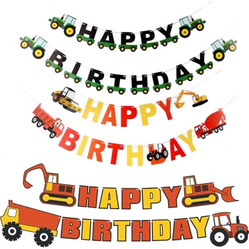 Happy Birthday Banner Farm Theme Tractor Cupcake Toppers Construction Vehicle Garland Birthday Party Decoration Party Banner