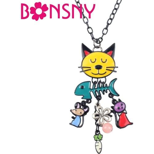 Bonnsy Long Chain 2016 Colorful French Cat Necklace Enamel Pendant Fish Alloy Charm Brand Jewelry For Women Girl Hot Animal