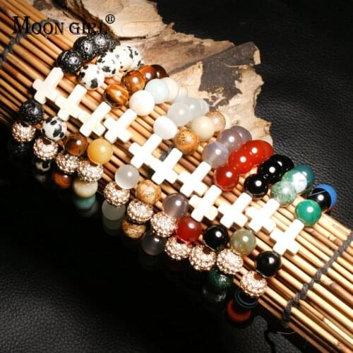 MOON GIRL 10MM Amazonite Stone Cross Bracelets for Women Pave Ball Tiger Eye Opal Beads Stretchy Bracelet Femme Jewelry Dropship