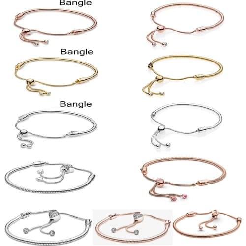 2020 NEW 100% 925 Sterling Silver Adjustable Pave Heart Clasp Snake Chain Slider Bracelet Fit Women Original Fashion Jewelry