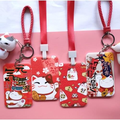 Happy Fortune Cat Women ID Credit Bank Card Holder Students Bus Clear Card Case Lanyard GIRL Visit Door Identity Badge Card Cove