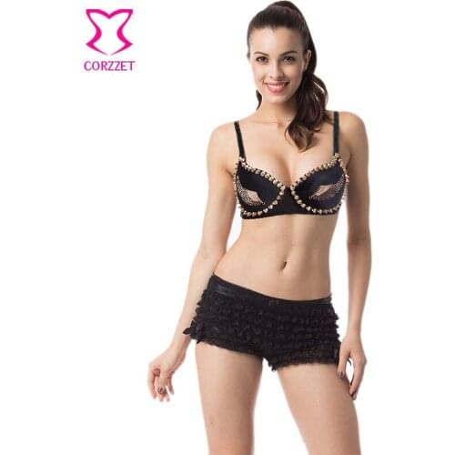 Black Cotton Gold Wings & Rivets Studded Brassiere Top Sujetadores Push Up Bra Sexy Bralettes For Women Dancewear Clubwear 2017